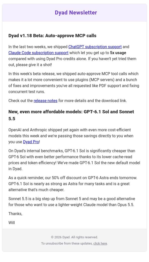 Dyad v1.18 Beta: auto-approve MCP calls + new models! email from Dyad screenshot