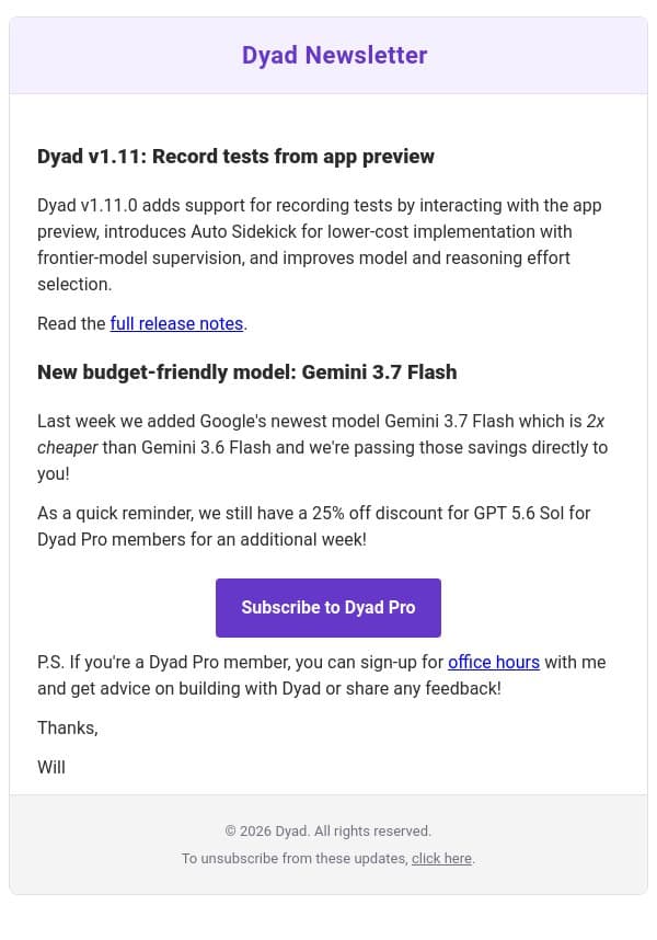 Dyad v1.11: Record tests from app preview + new Gemini model email from Dyad screenshot