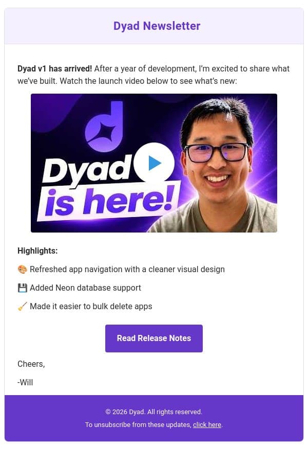 Dyad v1 is here! See what’s new email from Dyad screenshot
