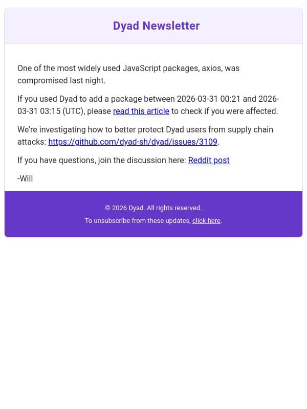 Security alert: npm package compromised (check if affected) email from Dyad screenshot