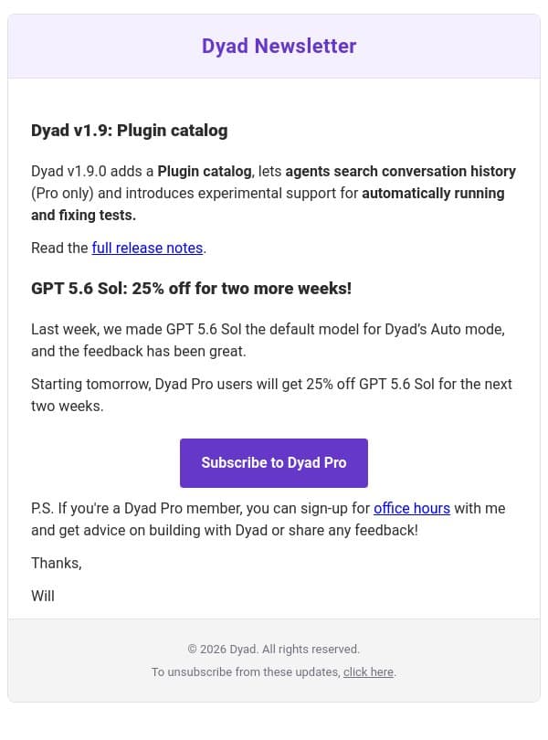 Dyad v1.9: Plugin catalog + 25% off GPT 5.6 Sol email from Dyad screenshot