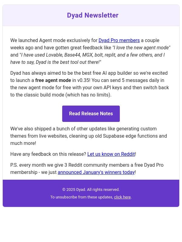 Dyad v0.35: Users love agent mode so we added a free tier! email from Dyad screenshot