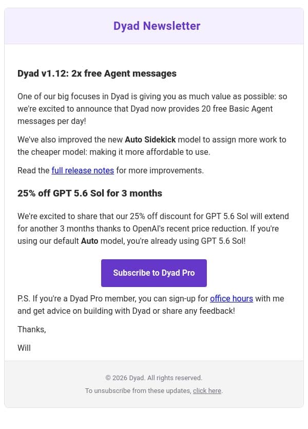Dyad v1.12: 2x free Agent messages + GPT 5.6 Sol discount for 3 months! email from Dyad screenshot