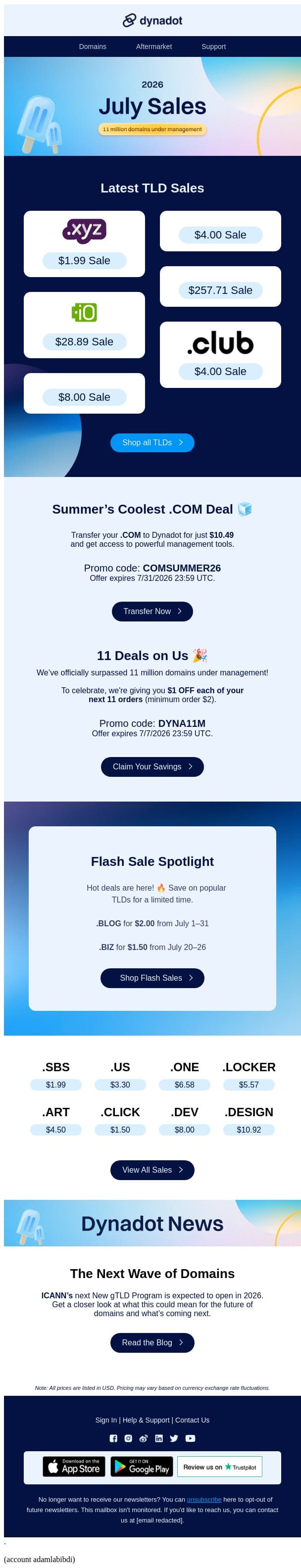 Summer domain deals just dropped ☀️ email from Dynadot screenshot
