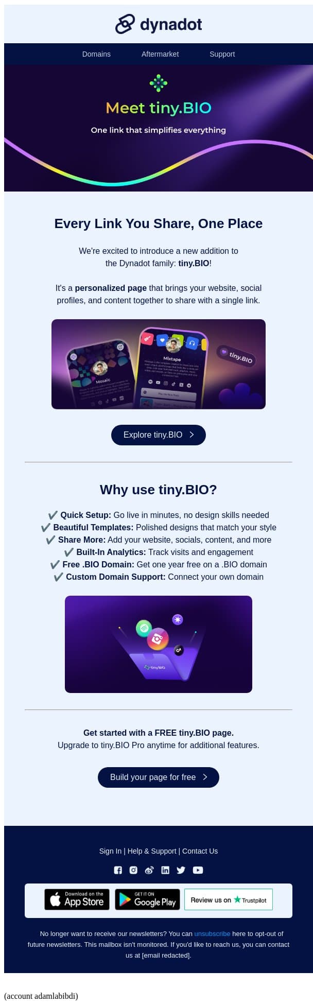 tiny.BIO, a new home for your links ✨ email from Dynadot screenshot
