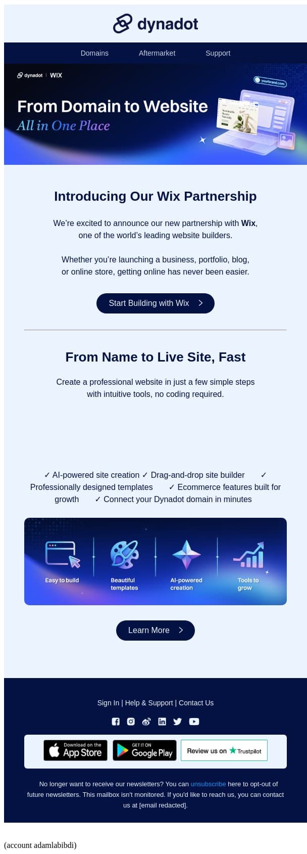Introducing Dynadot × Wix partnership email from Dynadot screenshot