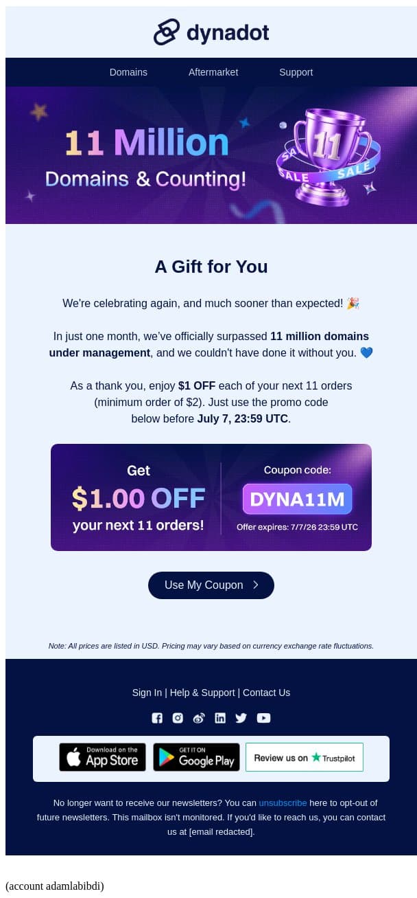 11 million domains. A gift for you. 🎁 email from Dynadot screenshot