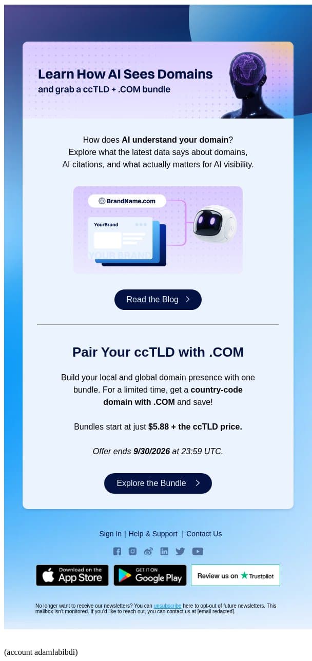 How AI sees domains & ccTLD + .COM bundle inside email from Dynadot screenshot