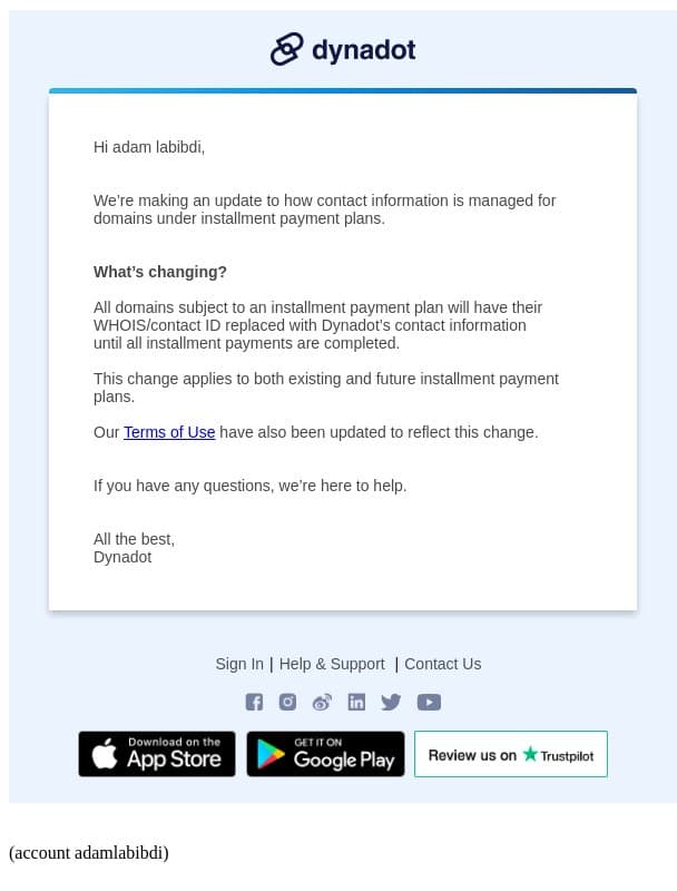 Installment Payment Plan Update email from Dynadot screenshot
