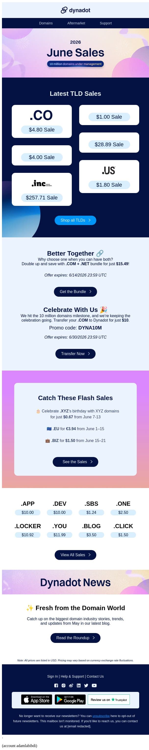 🎂 A birthday sale & bundle savings email from Dynadot screenshot