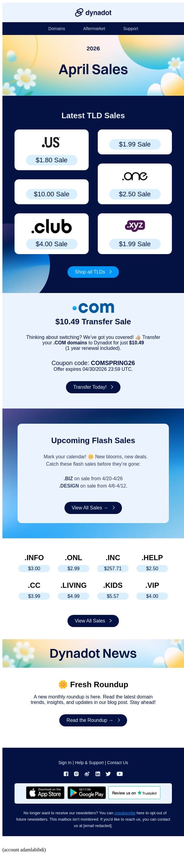 🌼 Ready for Fresh Spring Deals? email from Dynadot screenshot