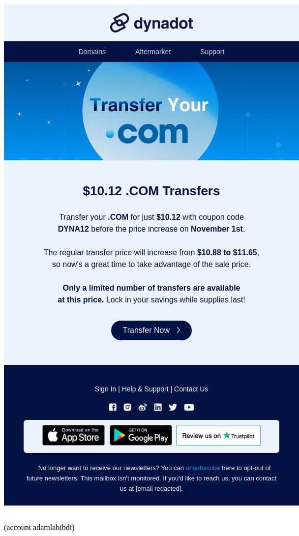 Transfer your .COM for $10.12 before prices Increase email from Dynadot screenshot