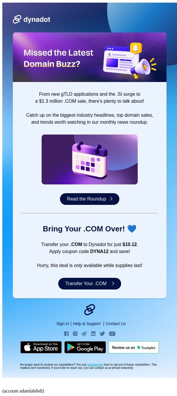 📰 Domain roundup + .COM transfer deal email from Dynadot screenshot