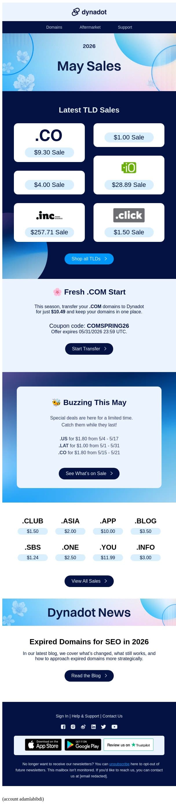 🐝 .COM Moves + Special Deals Inside email from Dynadot screenshot