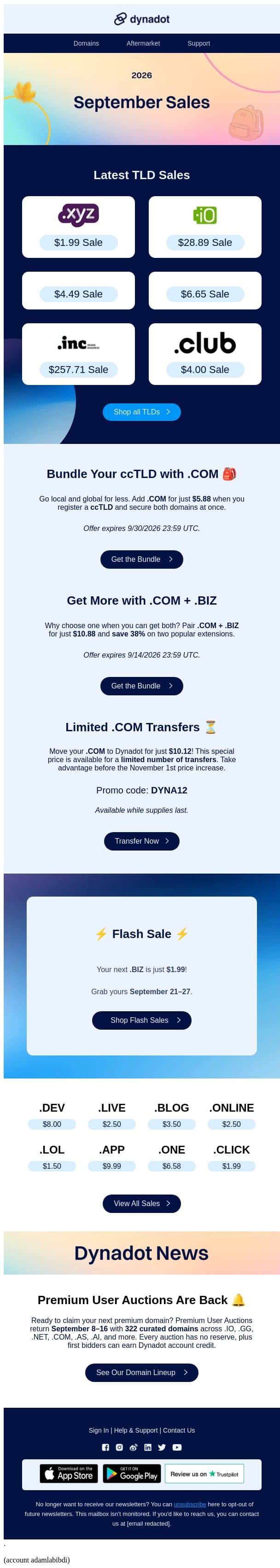 🎒 Back-to-school domain savings email from Dynadot screenshot