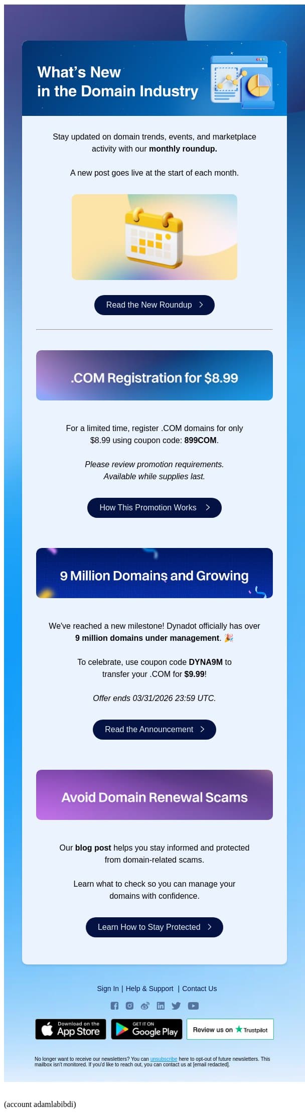 ⭐ New Industry Roundup + .COM Deals Inside 🏷️ email from Dynadot screenshot