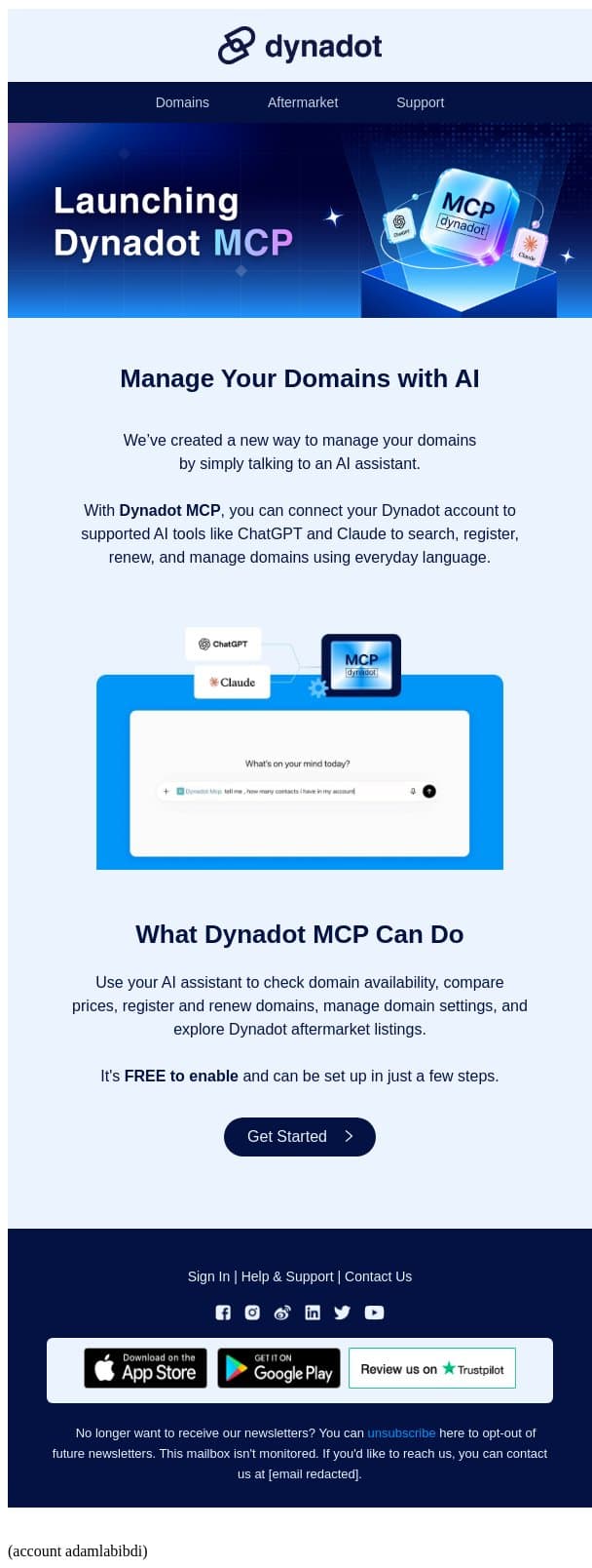 Manage domains with AI using Dynadot MCP email from Dynadot screenshot