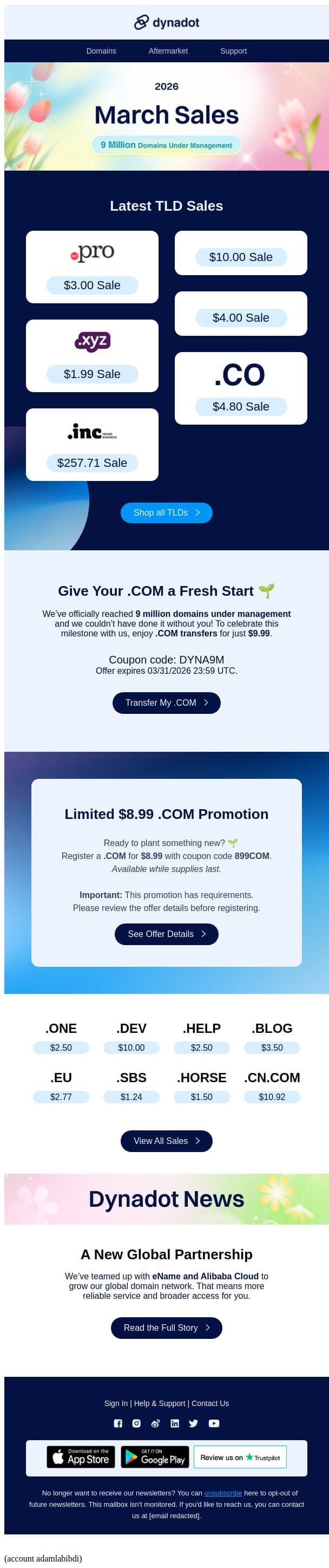 Fresh Season. Fresh Domain Deals. 🌱 email from Dynadot screenshot