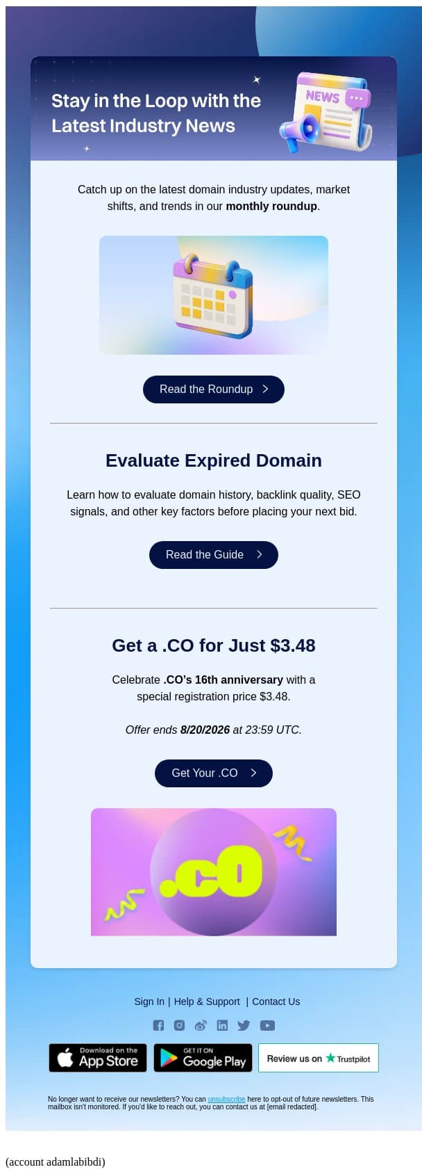 Domain Roundup + .CO for $3.48 🎉 email from Dynadot screenshot