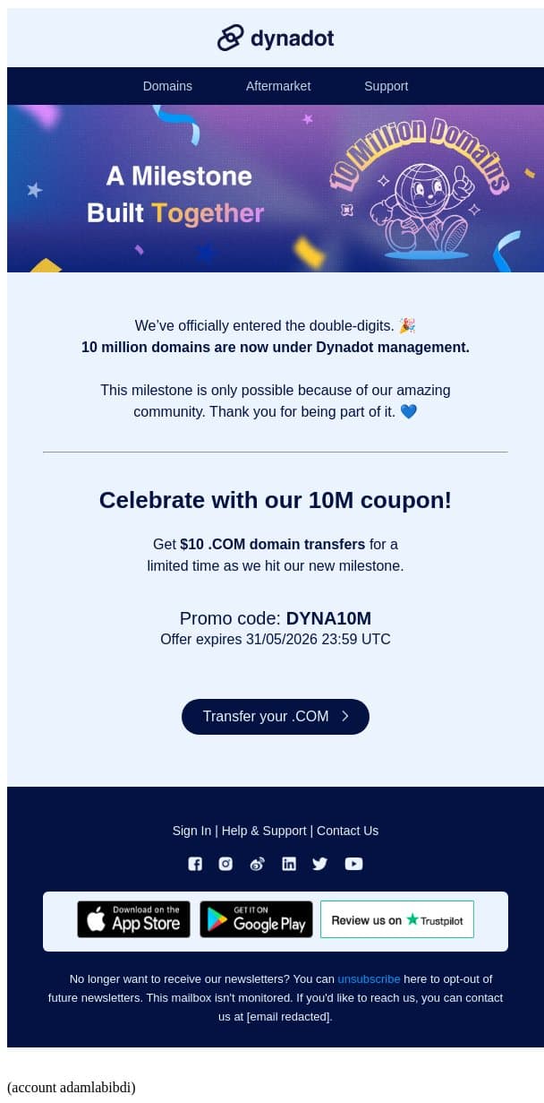 🎉 We hit 10M domains! Celebrate with us 🏷️ email from Dynadot screenshot