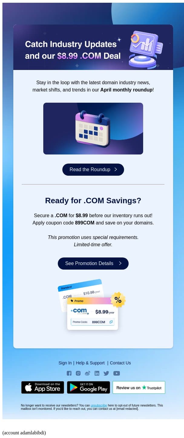 ✨ Industry Roundup + Limited .COM Deal email from Dynadot screenshot