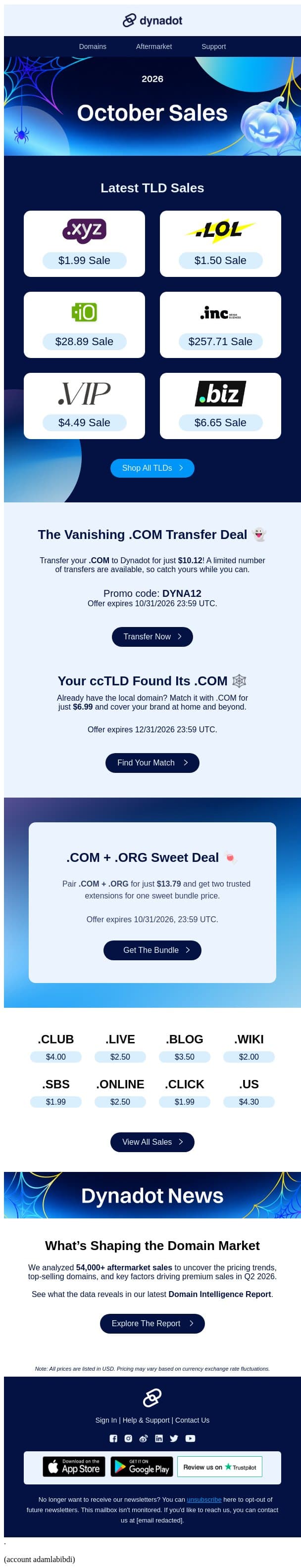 👻 These .COM deals are scary good! email from Dynadot screenshot