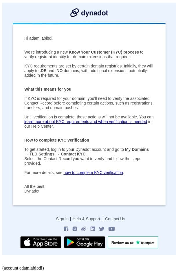 Introducing our KYC verification process email from Dynadot screenshot