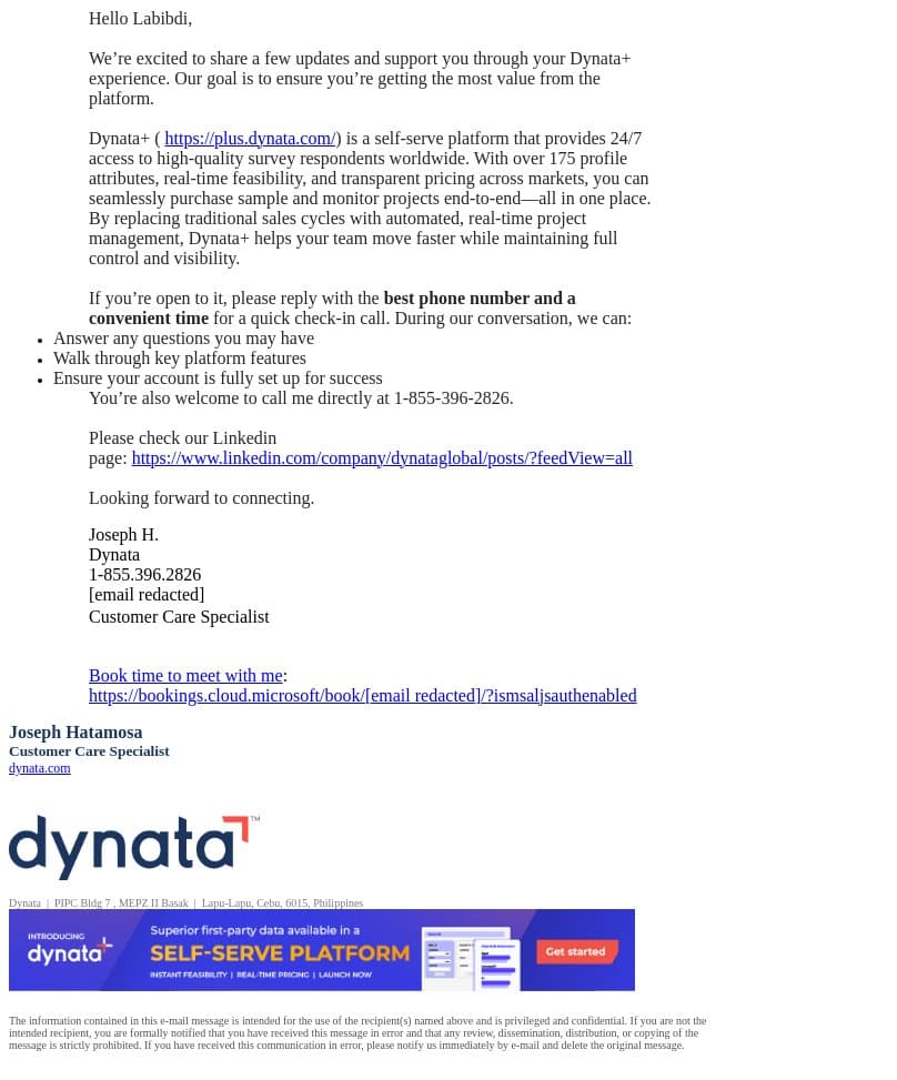 Quick Call to Support Your Dynata+ Experience email from Dynata screenshot