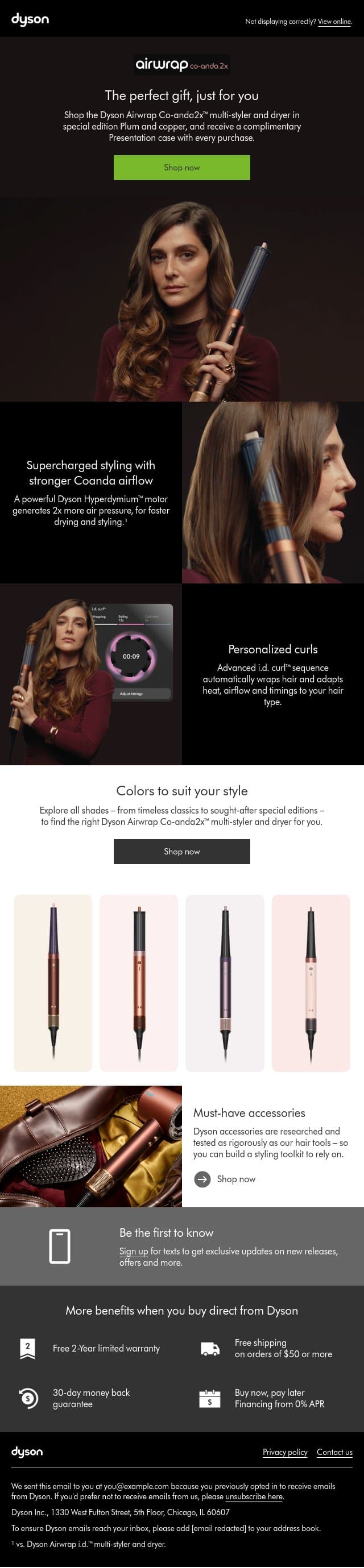 Shop gifts, just for you email from Dyson screenshot