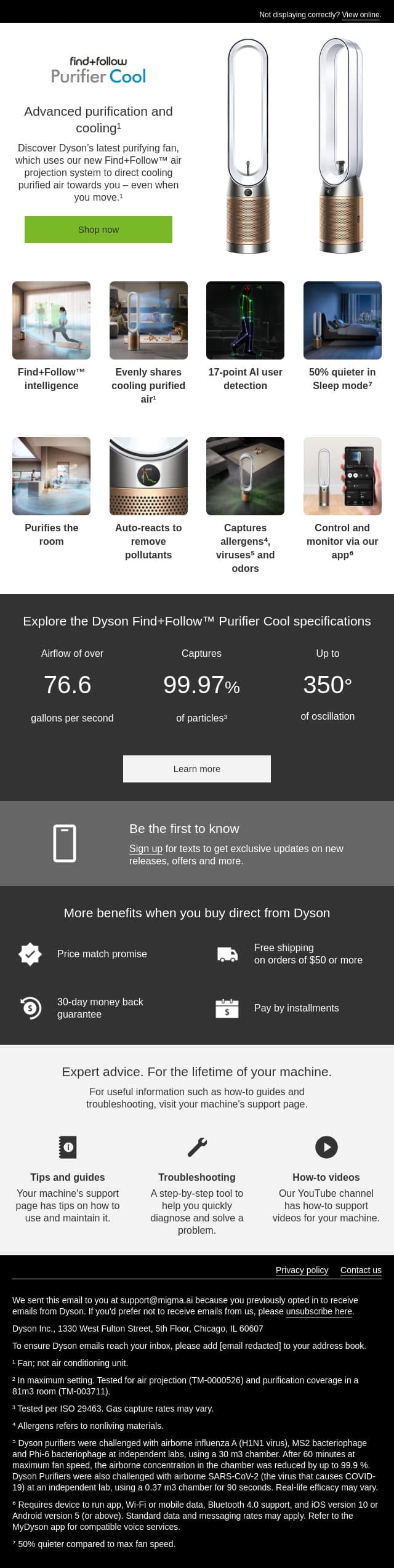 Experiencing cooling purified air starts now¹ email from Dyson screenshot