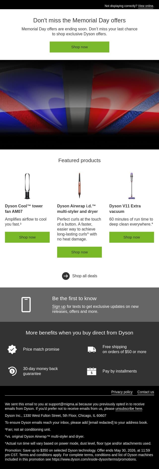 Final days of Dyson Memorial Day offers email from Dyson screenshot