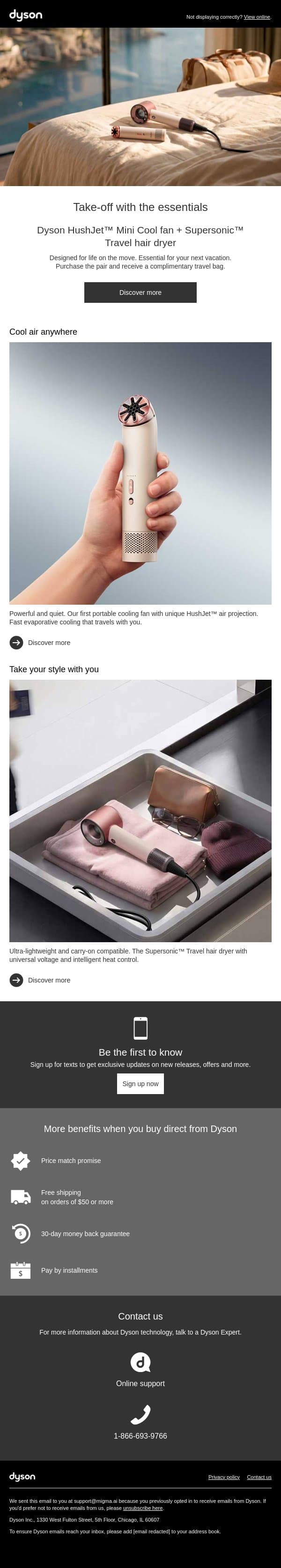 Just landed: Your dream duo for travel email from Dyson screenshot