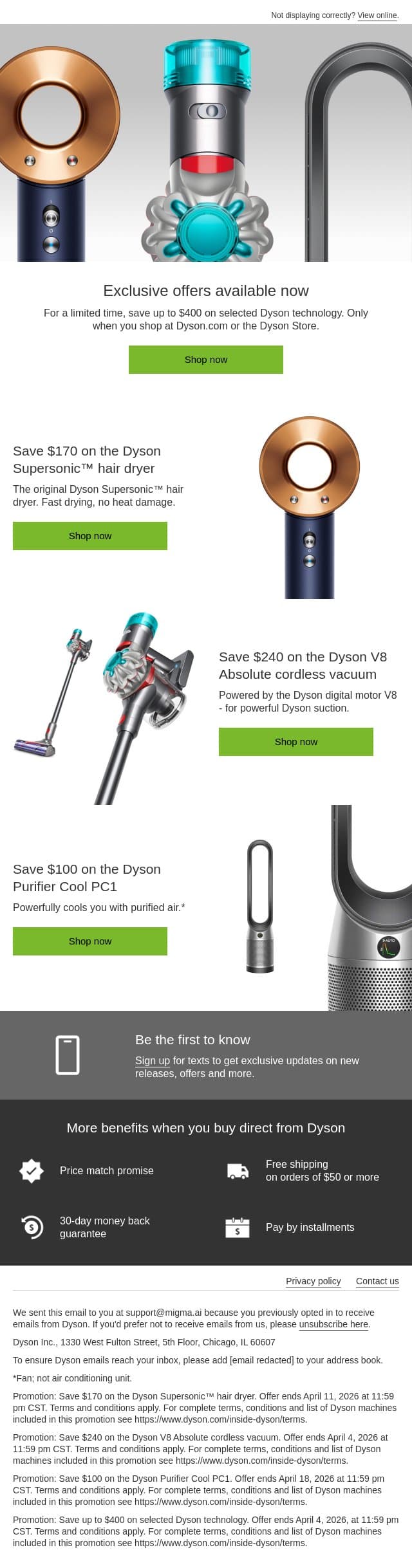 Dyson Week offers now available email from Dyson screenshot