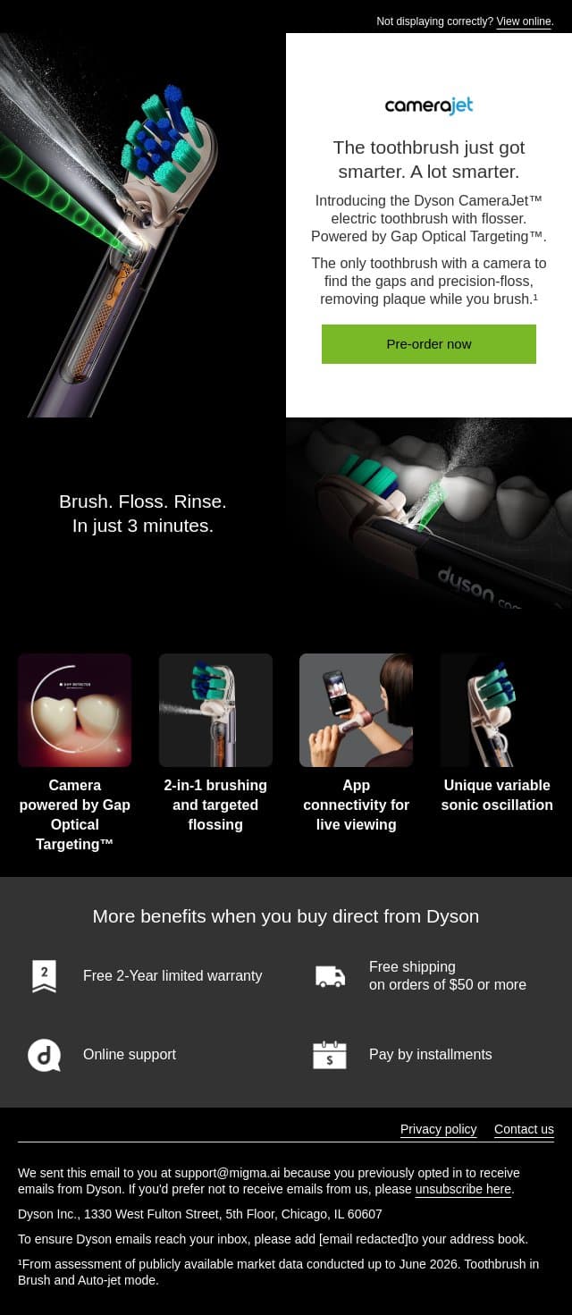 Introducing the Dyson CameraJet™ toothbrush email from Dyson screenshot