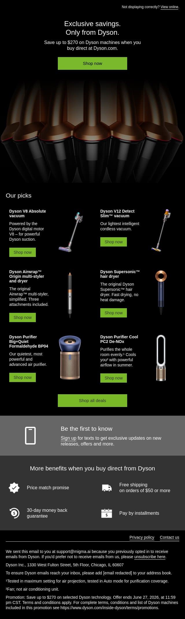 Save up to $270 today email from Dyson screenshot
