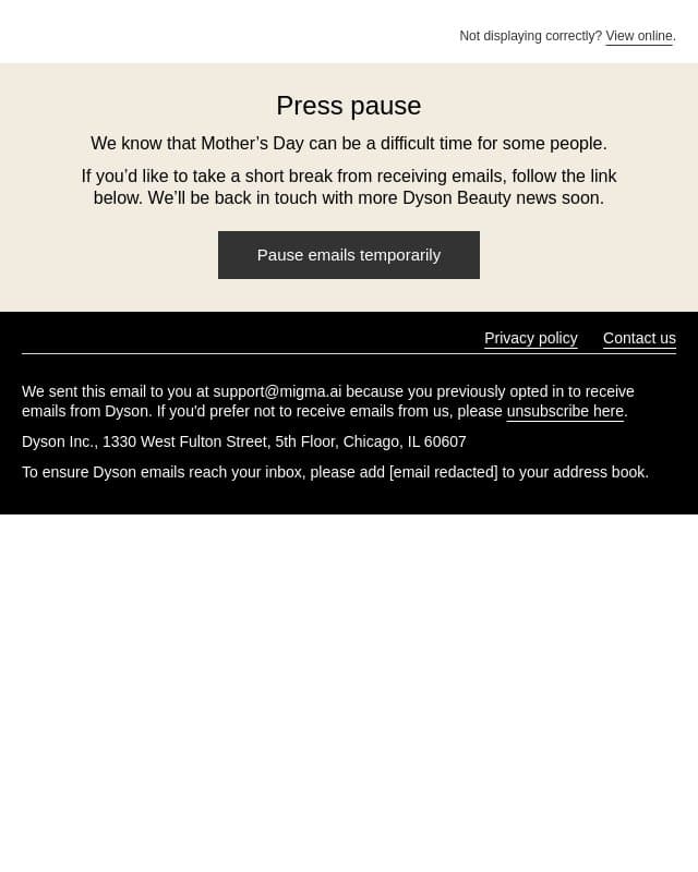 Would you like to pause Mother’s Day emails? email from Dyson screenshot