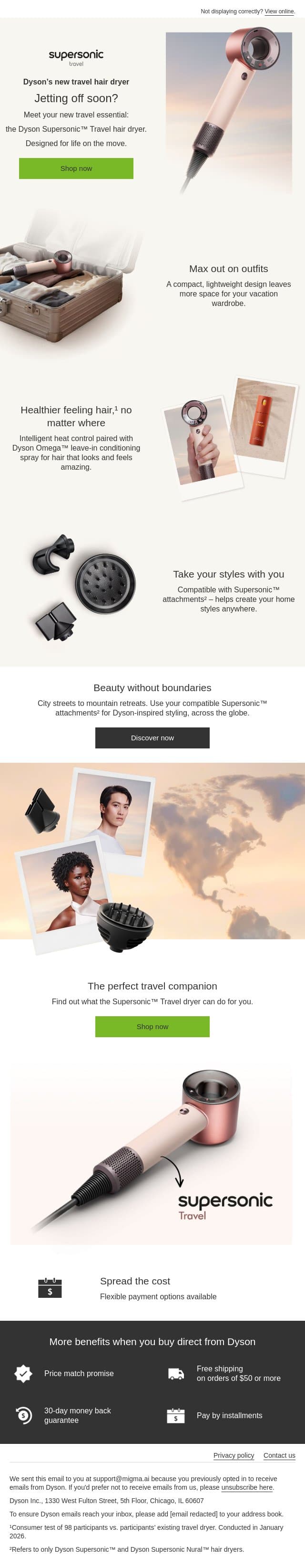 Elevate your vacation hair game email from Dyson screenshot