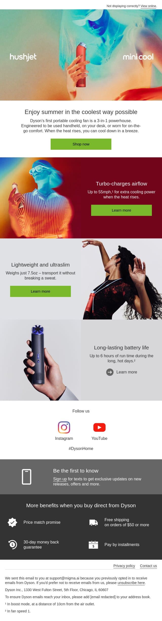 Handle the heat wave with the HushJet Mini Cool fan email from Dyson screenshot