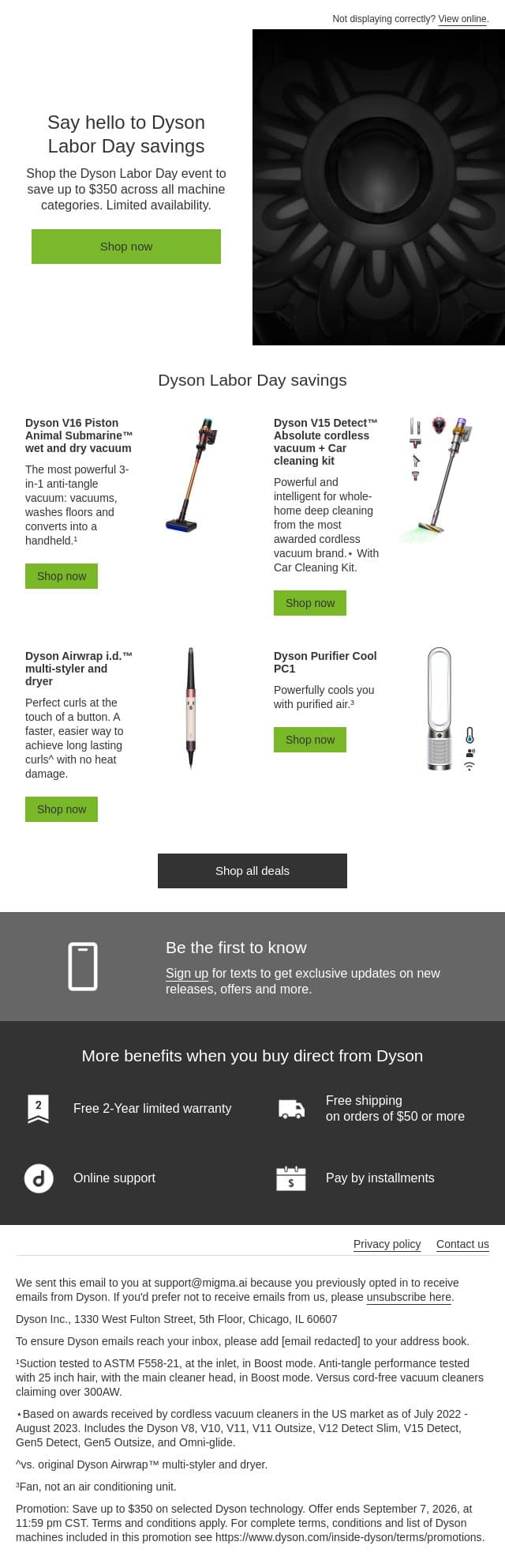 Dyson Labor Day savings have landed email from Dyson screenshot