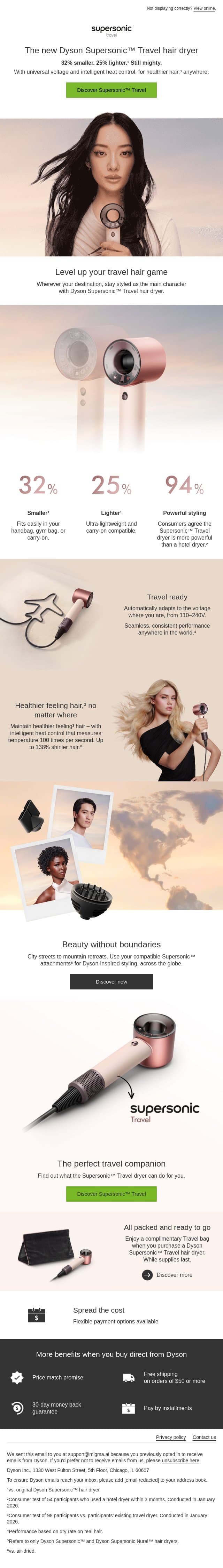 Just landed: Dyson Supersonic Travel hair dryer email from Dyson screenshot