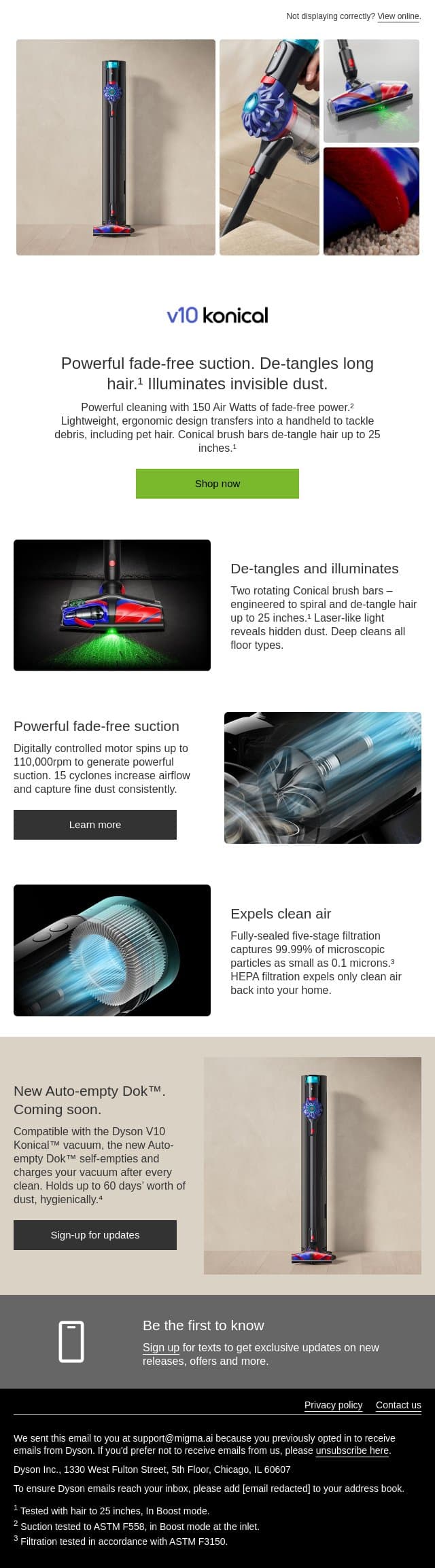 The new Dyson V10 Konical vacuum has landed email from Dyson screenshot