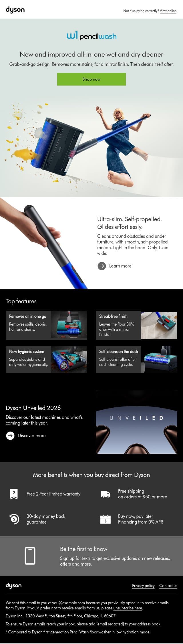 Cleans hard floors. Then cleans itself after. email from Dyson screenshot