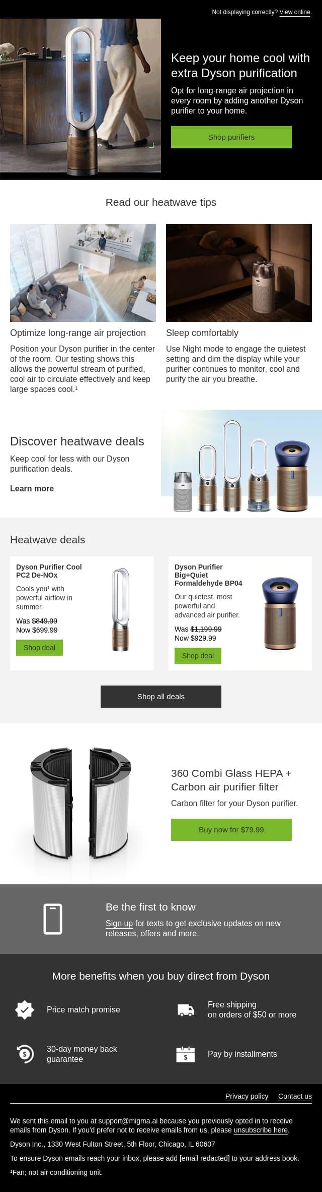 Beat the heat with an extra purifier email from Dyson screenshot