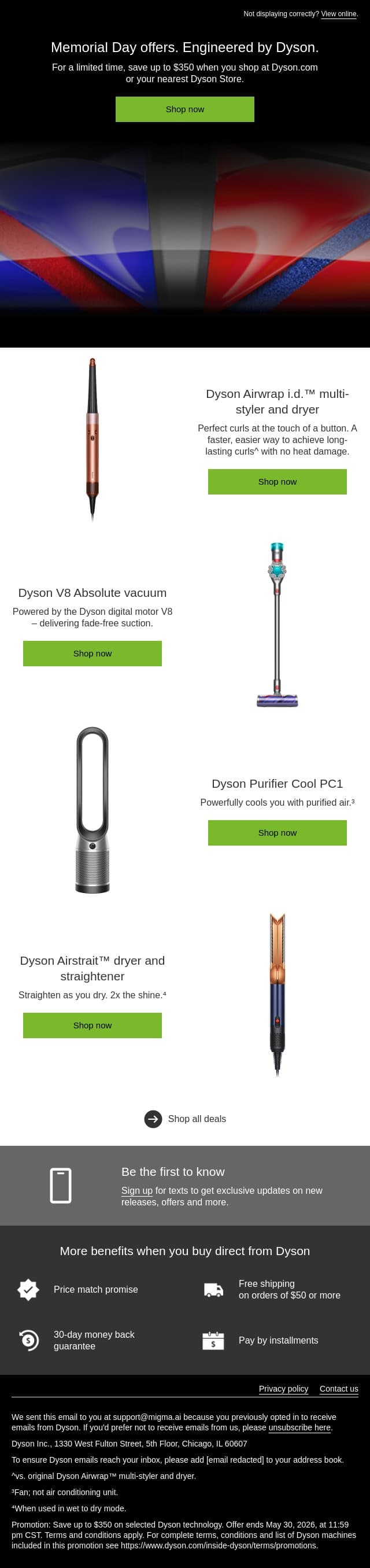 Memorial Day offers from Dyson email from Dyson screenshot