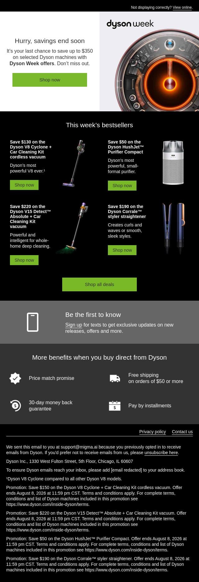 Dyson Week savings end soon email from Dyson screenshot