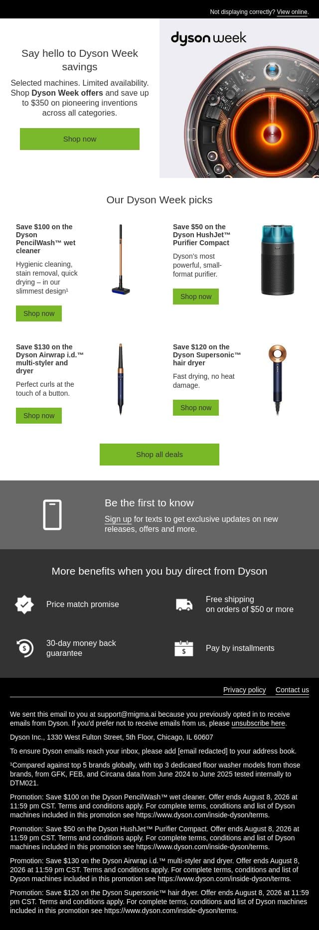 Enjoy exclusive savings with Dyson Week email from Dyson screenshot