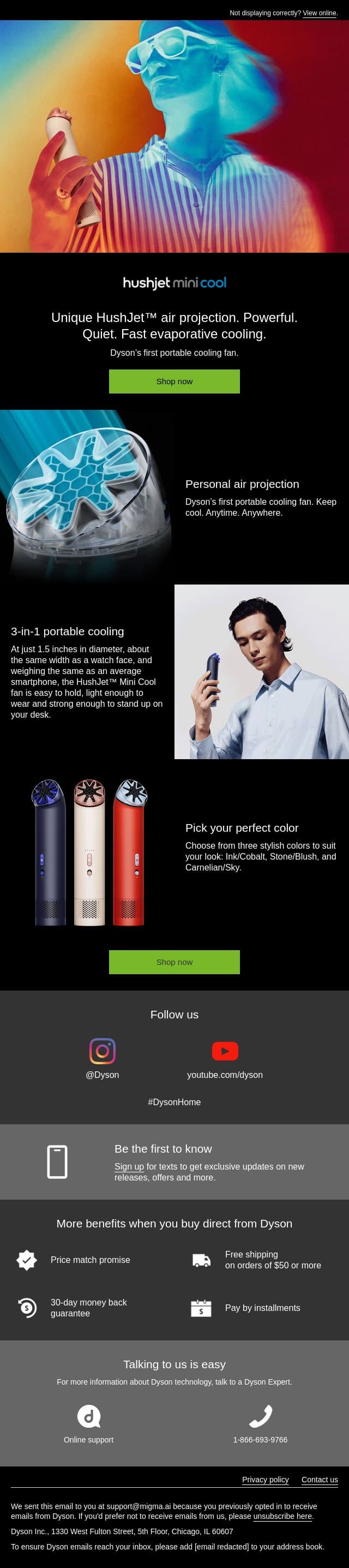 The Dyson HushJet Mini Cool fan is here email from Dyson screenshot