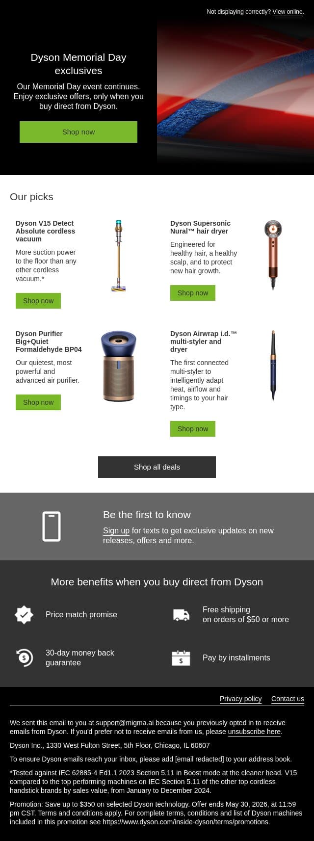 Save up to $350 on Dyson this Memorial Day email from Dyson screenshot