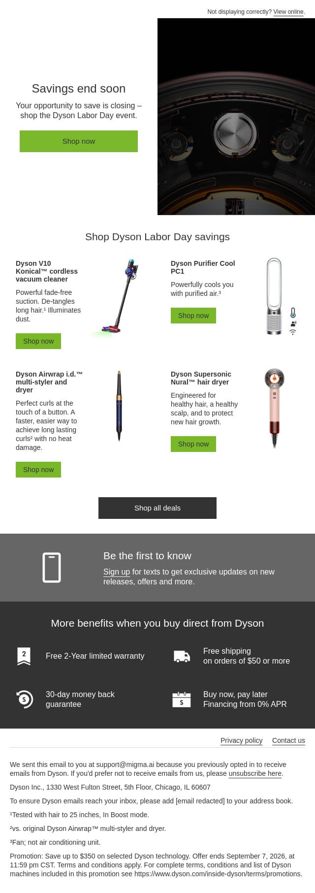 Dyson Labor Day savings end soon email from Dyson screenshot