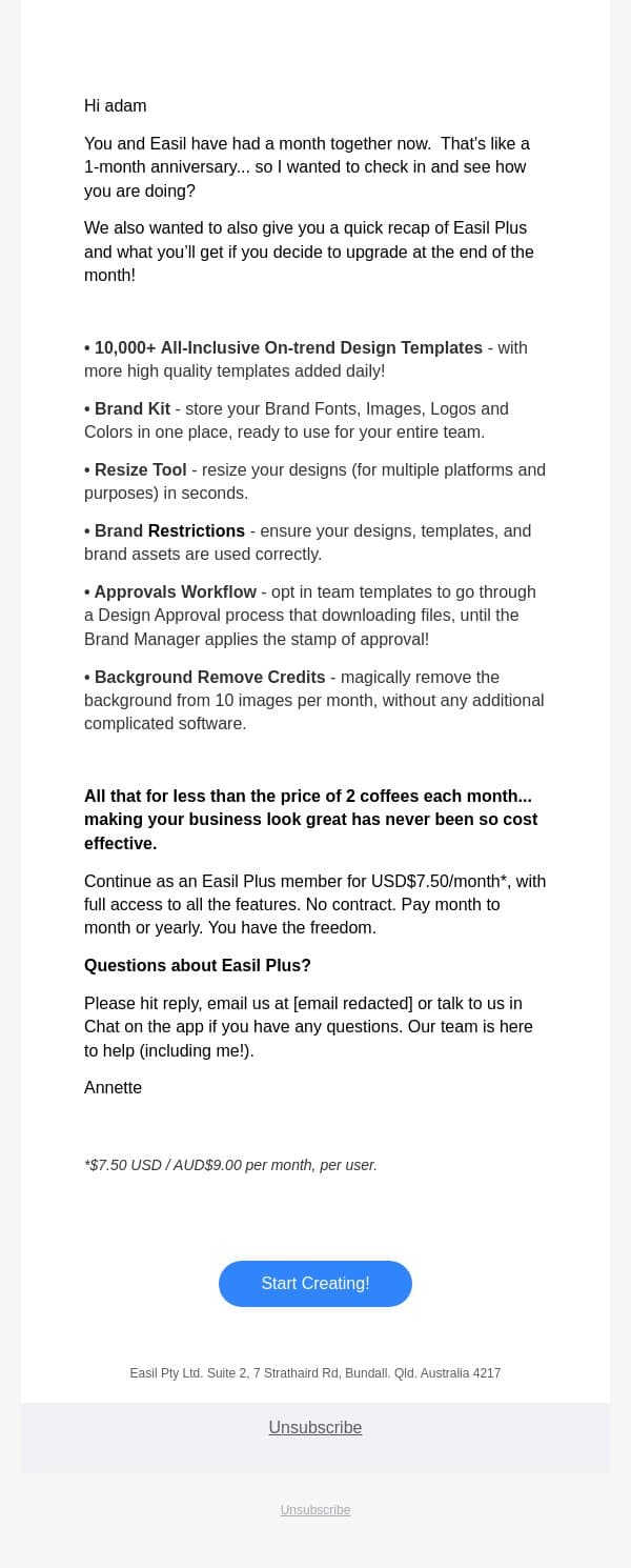 30 Days with Easil Plus is almost over - time to make it official? email from Easil screenshot